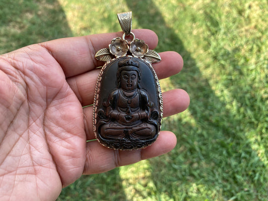 Large Black Obsidian Buddha Tibetan Silver Pendant, Protection Pendant, Yoga Pendant, Unisex necklace, Bodhisattva Amulet Talisman