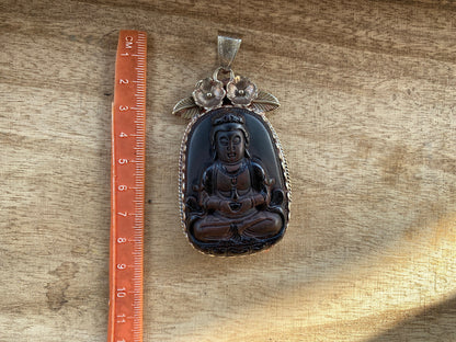 Large Black Obsidian Buddha Tibetan Silver Pendant, Protection Pendant, Yoga Pendant, Unisex necklace, Bodhisattva Amulet Talisman