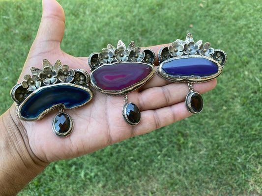 Large Blue or Pink Slice Agate With Smoky Quartz Gemstone Tibetan Silver Pendant, Flower Design Pendant For Necklace, Ethnic Jewelry