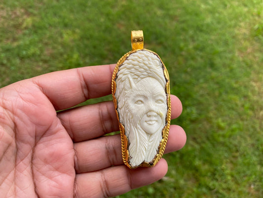 Large Bone Carved Eagle with Lady Face 18k Matte Gold Overlay with Anti Tarnish Pendant, Tribe Jewelry, Native American Style, Carved Animal