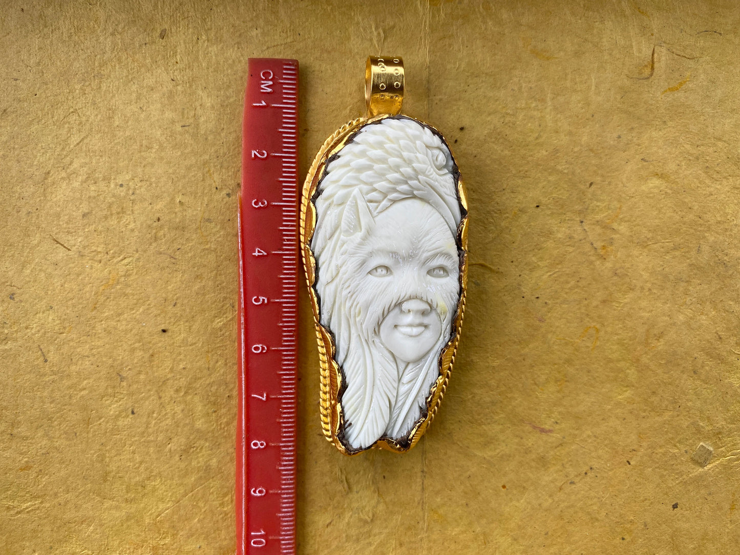 Large Bone Carved Eagle with Lady Face 18k Matte Gold Overlay with Anti Tarnish Pendant, Tribe Jewelry, Native American Style, Carved Animal