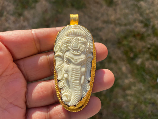 Large Bone Carved Ganesh Buffalo Pendant, 18K Brushed Gold Overlay Non Tarnish, Ethnic Jewelry, Spiritual Pendant for Men or Women,