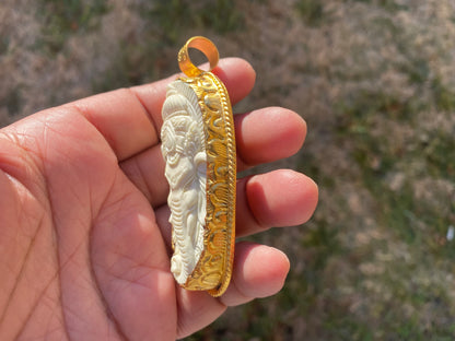 Large Bone Carved Ganesh Buffalo Pendant, 18K Brushed Gold Overlay Non Tarnish, Ethnic Jewelry, Spiritual Pendant for Men or Women,