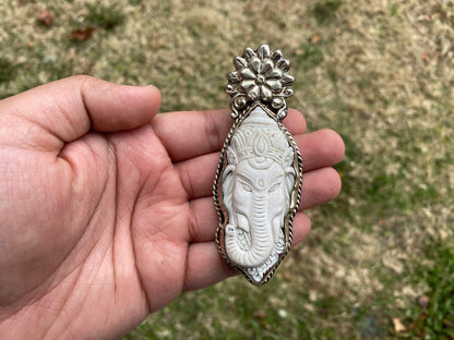 Large Bone Carved Lord Ganesh Tibetan Silver Pendant, Religious Jewelry, Remover Of Obstacles, Success Prosperity Protection Symbol