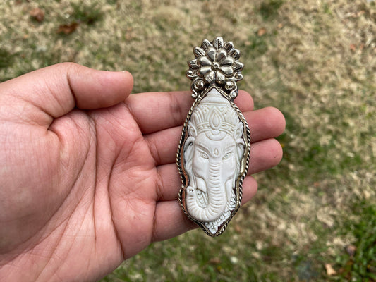Large Bone Carved Lord Ganesh Tibetan Silver Pendant, Religious Jewelry, Remover Of Obstacles, Success Prosperity Protection Symbol