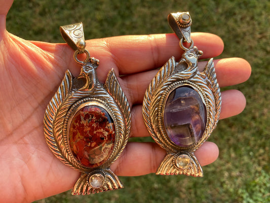 Large Brecciated Jasper or Amethyst with Citrine Gemstone Tibetan Silver Pendant, Jewelry from Nepal, Energy Pendant, Women Ethnic Jewelry