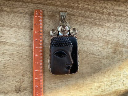 Large Buddha Face Black Obsidian Tibetan Silver Pendant, Buddhist Jewelry, Yoga Pendant for Necklace, Spiritual Jewelry, Bodhisattva Amulet