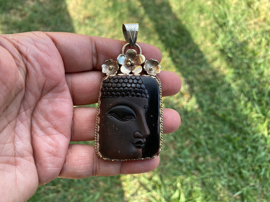 Large Buddha Face Black Obsidian Tibetan Silver Pendant, Buddhist Jewelry, Yoga Pendant for Necklace, Spiritual Jewelry, Bodhisattva Amulet