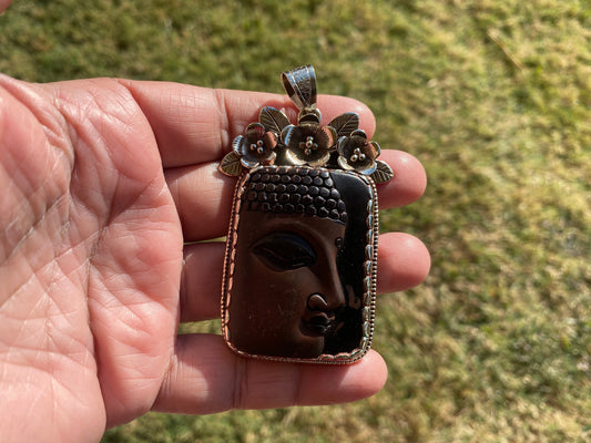 Large Buddha Face Black Obsidian Tibetan Silver Pendant, Buddhist Jewelry, Yoga Pendant for Necklace, Spiritual Jewelry, Bodhisattva Amulet