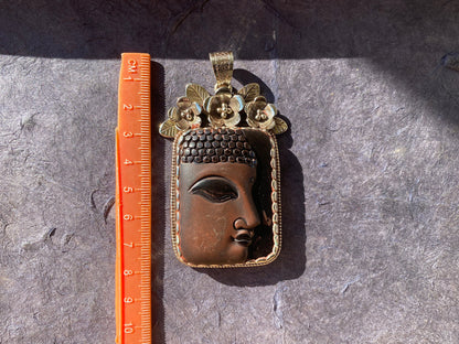 Large Buddha Face Black Obsidian Tibetan Silver Pendant, Buddhist Jewelry, Yoga Pendant for Necklace, Spiritual Jewelry, Bodhisattva Amulet