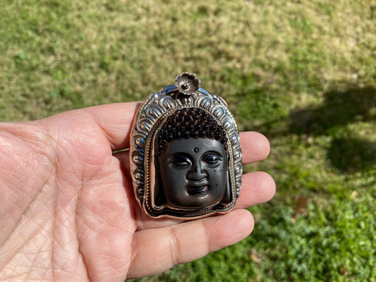 Large Buddha Head Obsidian Tibetan Silver Pendant, Ethnic Jewelry, Tribal, Meditation Pendant, Yoga Pendant, Gemstone Pendant for Necklace