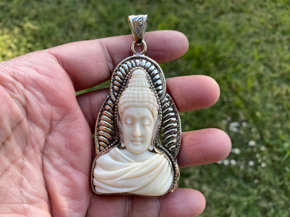 Large Buddha Tibetan Silver Pendant, Buffalo Bone Buddha, Healing Yoga Jewelry, Tranquility Pendant, Spiritual Gift, Gifts for Buddhist