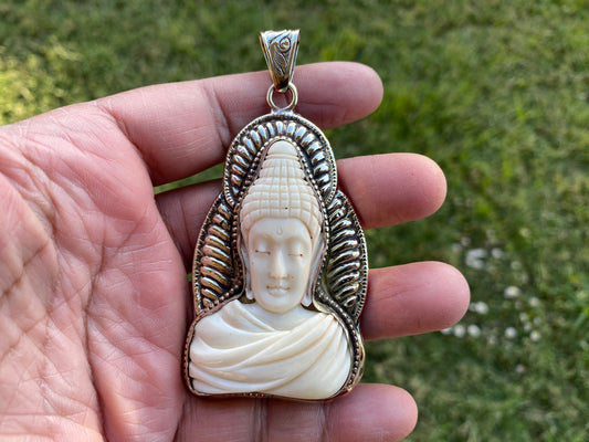 Large Buddha Tibetan Silver Pendant, Buffalo Bone Buddha, Healing Yoga Jewelry, Tranquility Pendant, Spiritual Gift, Gifts for Buddhist