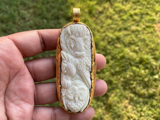 Large Buffalo With Horse & Owl Pendant, 18K Brushed Gold Overlay Non Tarnish Pendant, Buffalo Bone, Jewelry for Men or Women, Animal Jewelry