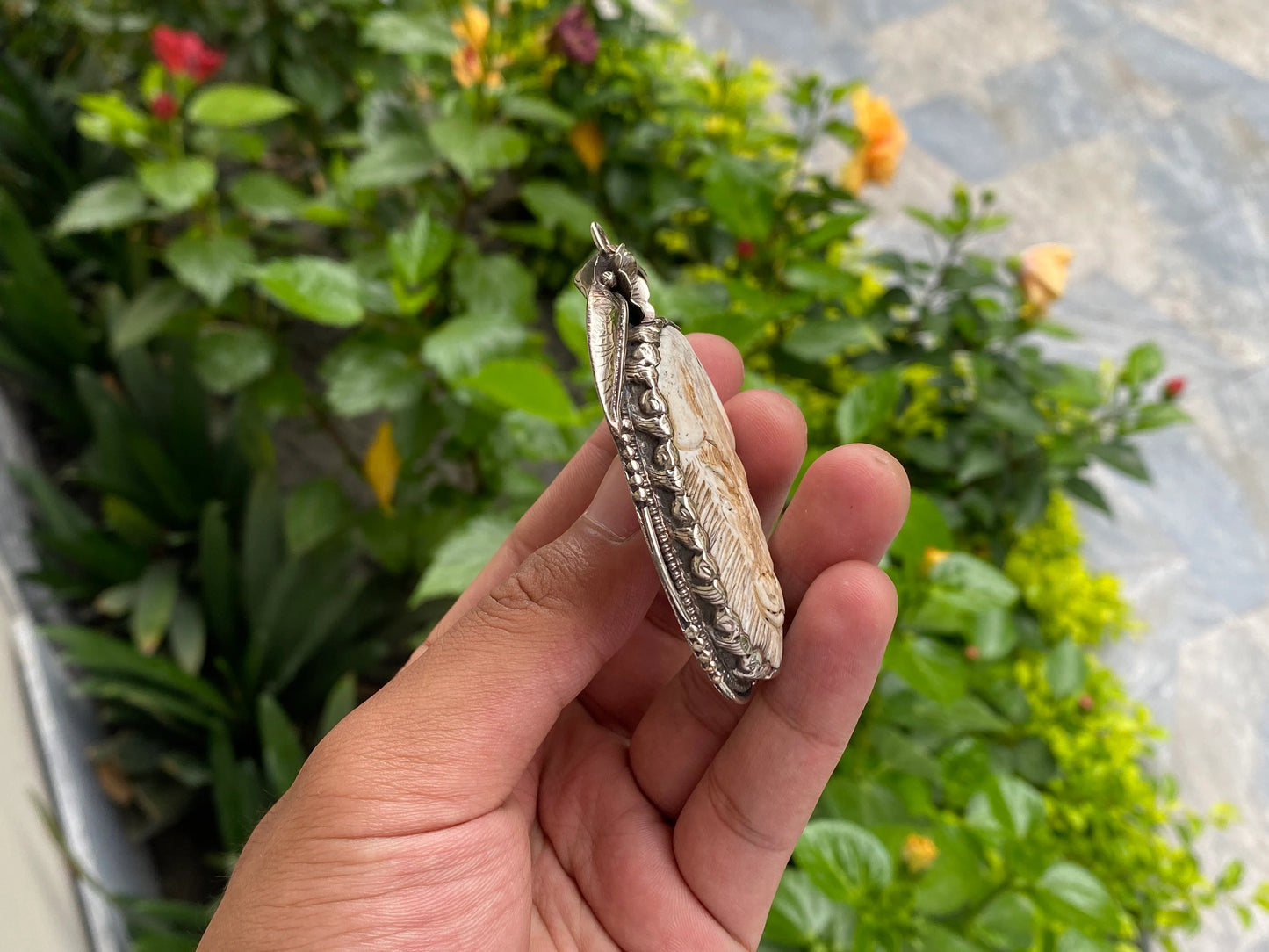 Large Buffalo bone pendant with Carved bull face on Bone, Natural Tibetan Silver Pendant, Pendant for daily wear, Unisex healing pendant (Two).