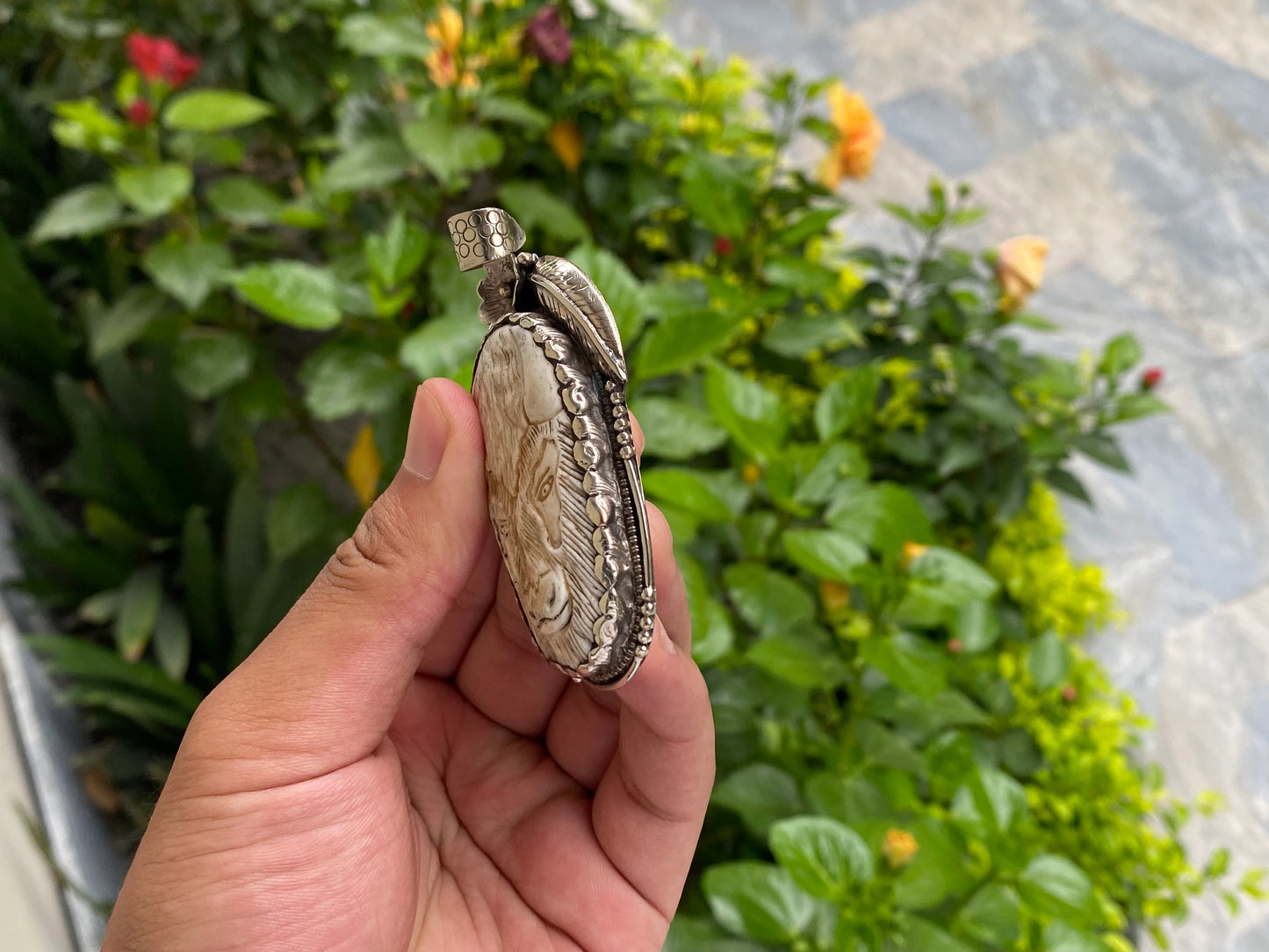 Large Buffalo bone pendant with Carved bull face on Bone, Natural Tibetan Silver Pendant, Pendant for daily wear, Unisex healing pendant (Two).
