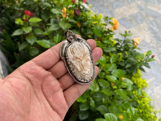 Large Buffalo bone pendant with Carved bull face on Bone, Natural Tibetan Silver Pendant, Pendant for daily wear, Unisex healing pendant (Two).