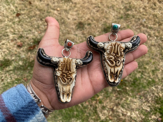 Large Bull Head with Om & Trident Tibetan Silver, Turquoise or Red Coral, Buffalo Bone, Ox Head Pendant, Universal Symbol, Longhorn Pendant