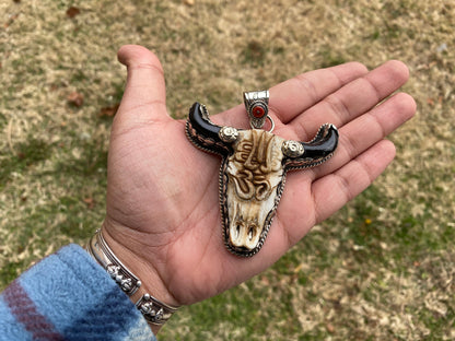 Large Bull Head with Om & Trident Tibetan Silver, Turquoise or Red Coral, Buffalo Bone, Ox Head Pendant, Universal Symbol, Longhorn Pendant
