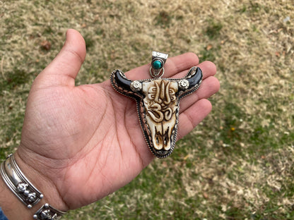 Large Bull Head with Om & Trident Tibetan Silver, Turquoise or Red Coral, Buffalo Bone, Ox Head Pendant, Universal Symbol, Longhorn Pendant