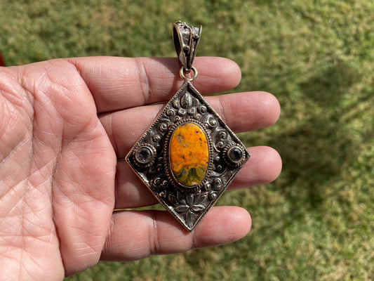 Large Bumblebee Jasper Tibetan Silver Pendant, Smoky Topaz Gemstone, Tibetan Pendant for Necklace, Ethnic Jewelry, Jewelry from Nepal, Boho