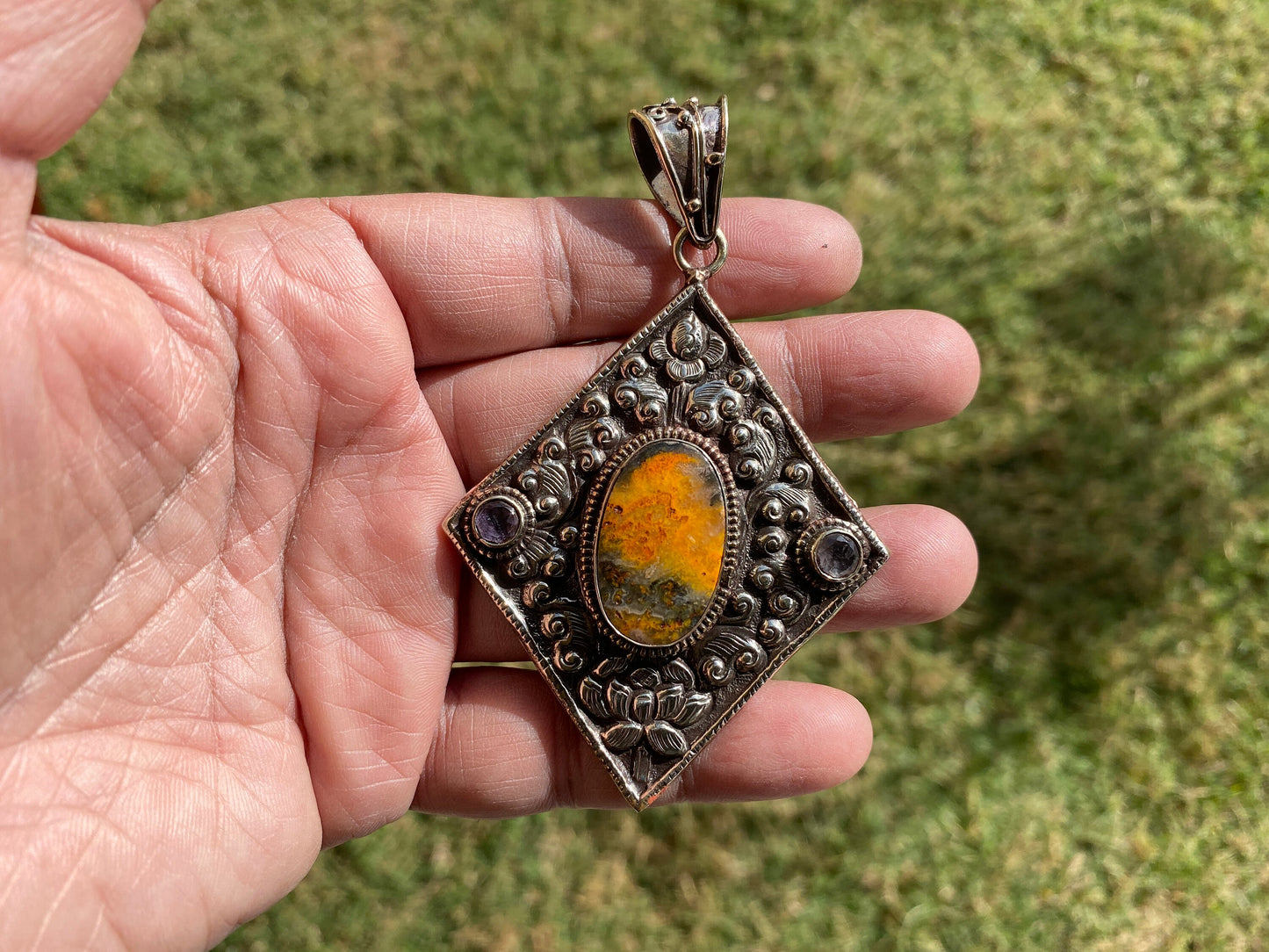 Large Bumblebee Jasper Tibetan Silver Pendant, Smoky Topaz Gemstone, Tibetan Pendant for Necklace, Ethnic Jewelry, Jewelry from Nepal, Boho