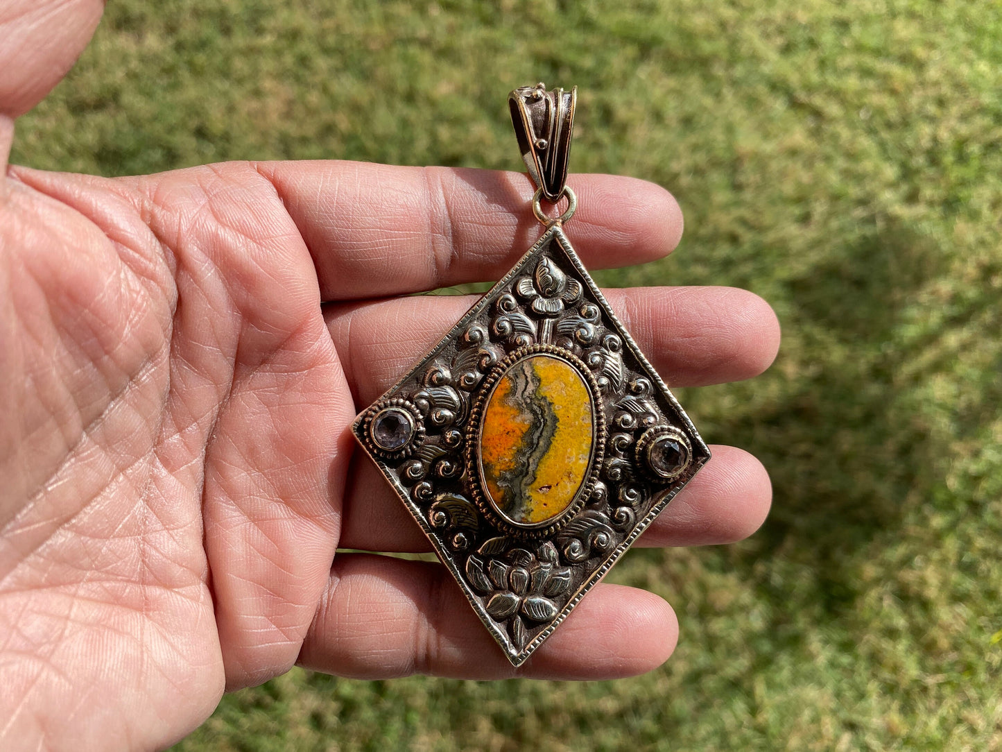 Large Bumblebee Jasper Tibetan Silver Pendant, Smoky Topaz Gemstone, Tibetan Pendant for Necklace, Ethnic Jewelry, Jewelry from Nepal, Boho