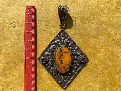 Large Bumblebee Jasper Tibetan Silver Pendant, Smoky Topaz Gemstone, Tibetan Pendant for Necklace, Ethnic Jewelry, Jewelry from Nepal, Boho
