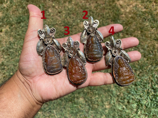 Large Carved Buddha Carnelian Natural Stone Tibetan Silver Pendant, Flower Designs, Unique Designs, Himalayan Jewelry, Ethnic Jewelry