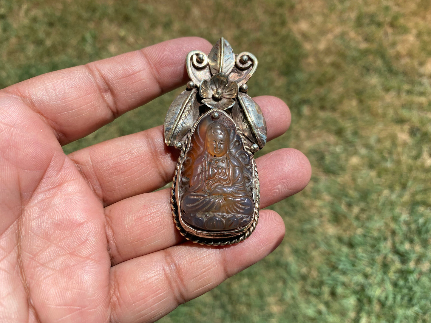 Large Carved Buddha Carnelian Natural Stone Tibetan Silver Pendant, Flower Designs, Unique Designs, Himalayan Jewelry, Ethnic Jewelry