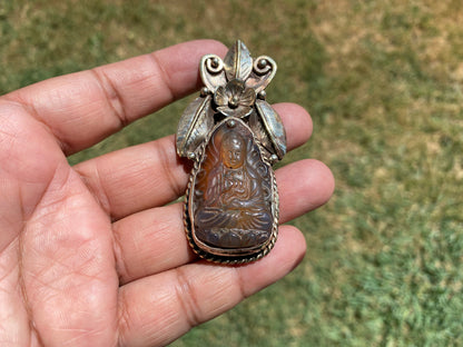 Large Carved Buddha Carnelian Natural Stone Tibetan Silver Pendant, Flower Designs, Unique Designs, Himalayan Jewelry, Ethnic Jewelry