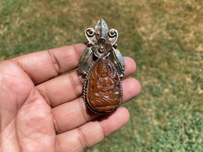 Large Carved Buddha Carnelian Natural Stone Tibetan Silver Pendant, Flower Designs, Unique Designs, Himalayan Jewelry, Ethnic Jewelry