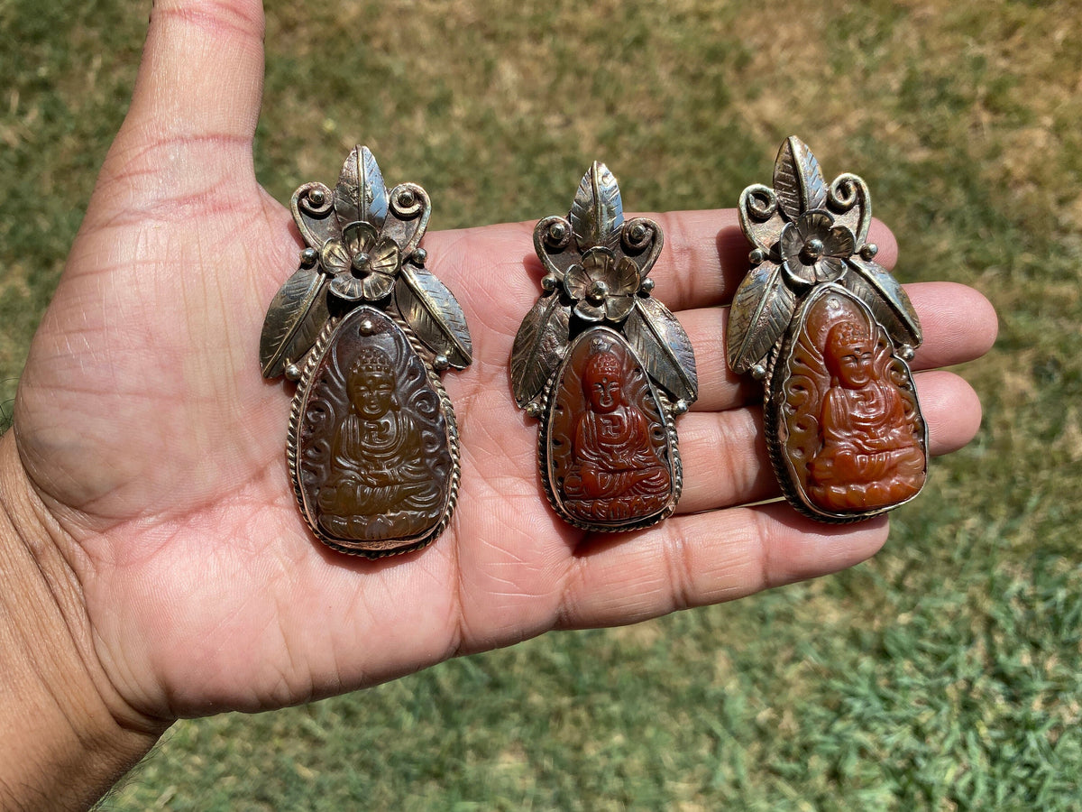 Large Carved Buddha Carnelian Natural Stone Tibetan Silver Pendant, Flower Designs, Unique Designs, Himalayan Jewelry, Jewelry for Women