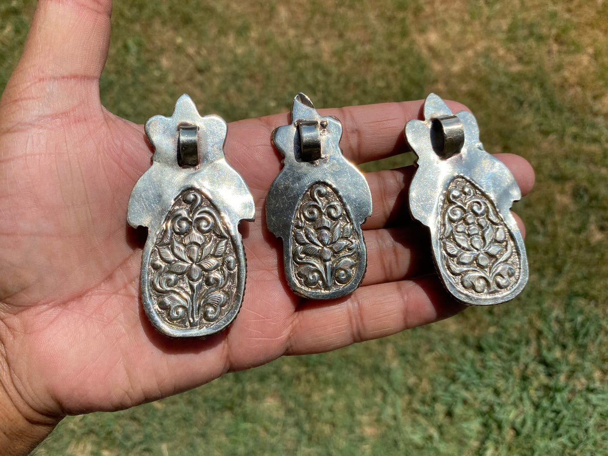 Large Carved Buddha Carnelian Natural Stone Tibetan Silver Pendant, Flower Designs, Unique Designs, Himalayan Jewelry, Jewelry for Women