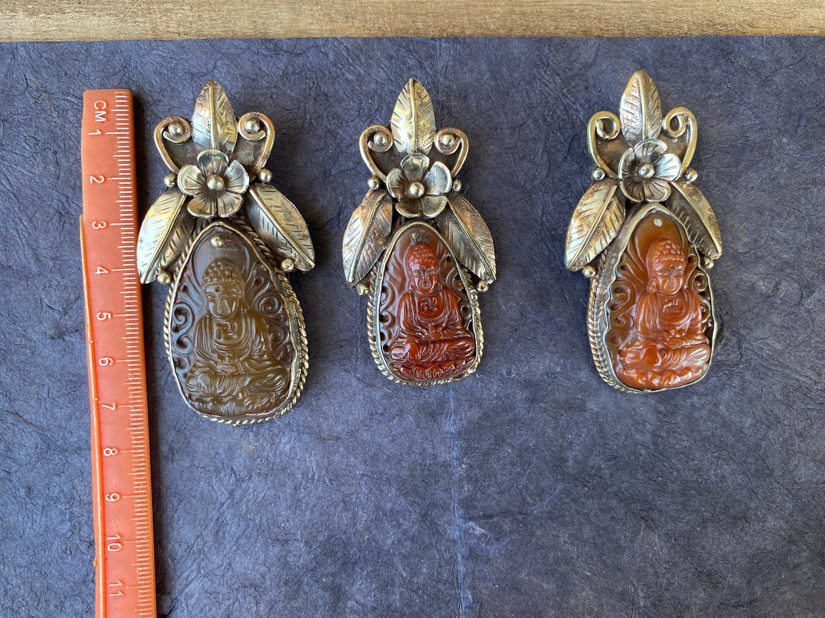Large Carved Buddha Carnelian Natural Stone Tibetan Silver Pendant, Flower Designs, Unique Designs, Himalayan Jewelry, Jewelry for Women
