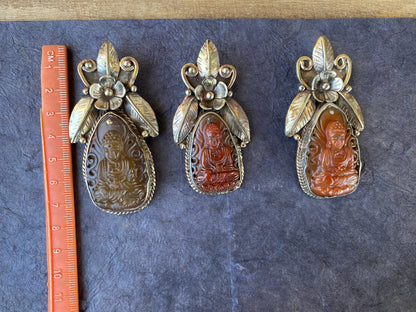 Large Carved Buddha Carnelian Natural Stone Tibetan Silver Pendant, Flower Designs, Unique Designs, Himalayan Jewelry, Jewelry for Women