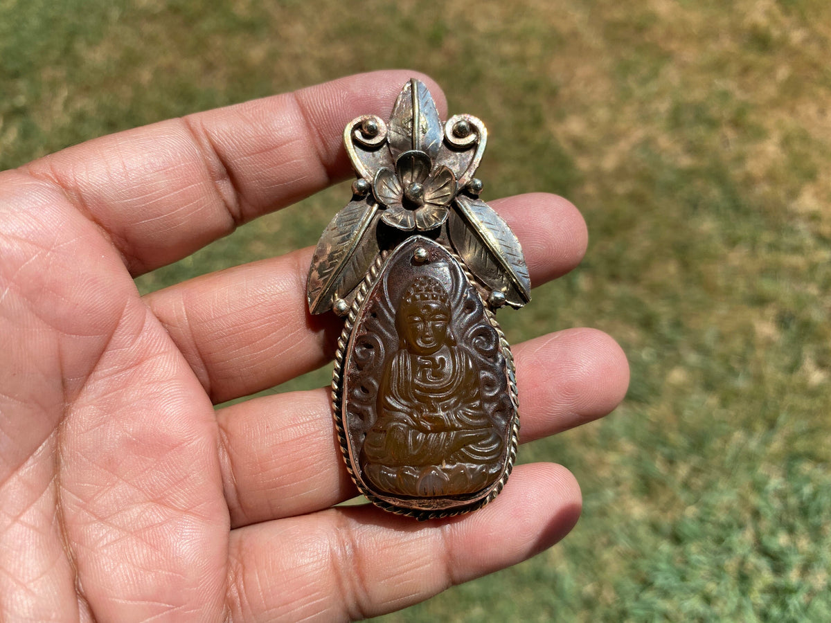 Large Carved Buddha Carnelian Natural Stone Tibetan Silver Pendant, Flower Designs, Unique Designs, Himalayan Jewelry, Jewelry for Women
