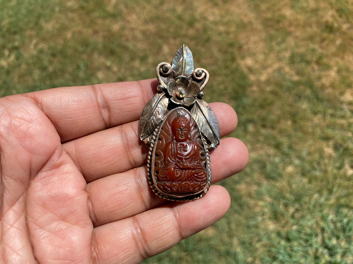Large Carved Buddha Carnelian Natural Stone Tibetan Silver Pendant, Flower Designs, Unique Designs, Himalayan Jewelry, Jewelry for Women