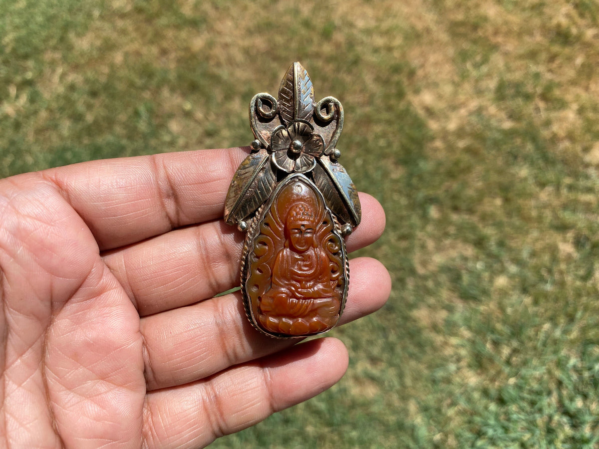 Large Carved Buddha Carnelian Natural Stone Tibetan Silver Pendant, Flower Designs, Unique Designs, Himalayan Jewelry, Jewelry for Women