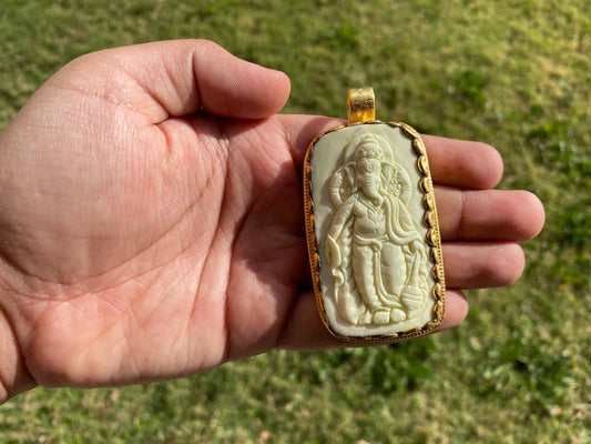 Large Carved Ganesh Buffalo Bone Pendant, 18K Brushed Gold Overlay Non Tarnish, Ethnic Jewelry, Spiritual Pendant for Men or Women,