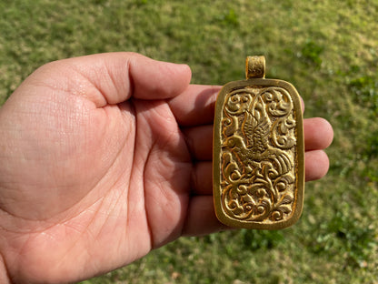 Large Carved Ganesh Buffalo Bone Pendant, 18K Brushed Gold Overlay Non Tarnish, Ethnic Jewelry, Spiritual Pendant for Men or Women,