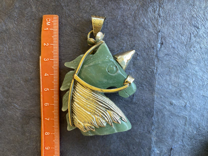 Large Carved Green Aventurine Horse Head Tibetan Silver Pendant, Horse Jewelry, Animal Lovers Jewelry, Metaphysical Stone Pendant, Unicorn