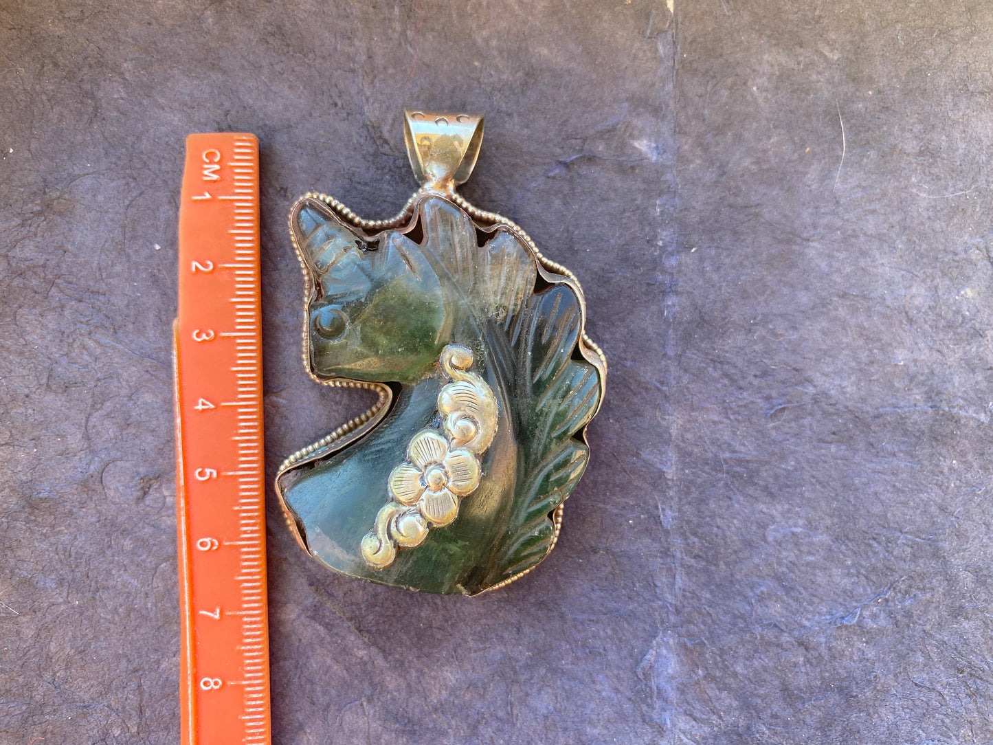 Large Carved Green Aventurine Horse Head Tibetan Silver Pendant, Horse Jewelry, Animal Lovers Jewelry, Metaphysical Stone Pendant, Unicorn