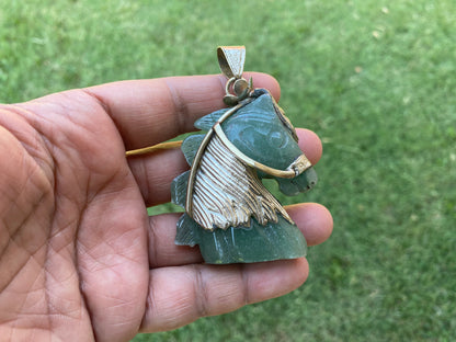 Large Carved Green Aventurine Horse Head Tibetan Silver Pendant, Horse Jewelry, Animal Lovers Jewelry, Metaphysical Stone Pendant, Unicorn