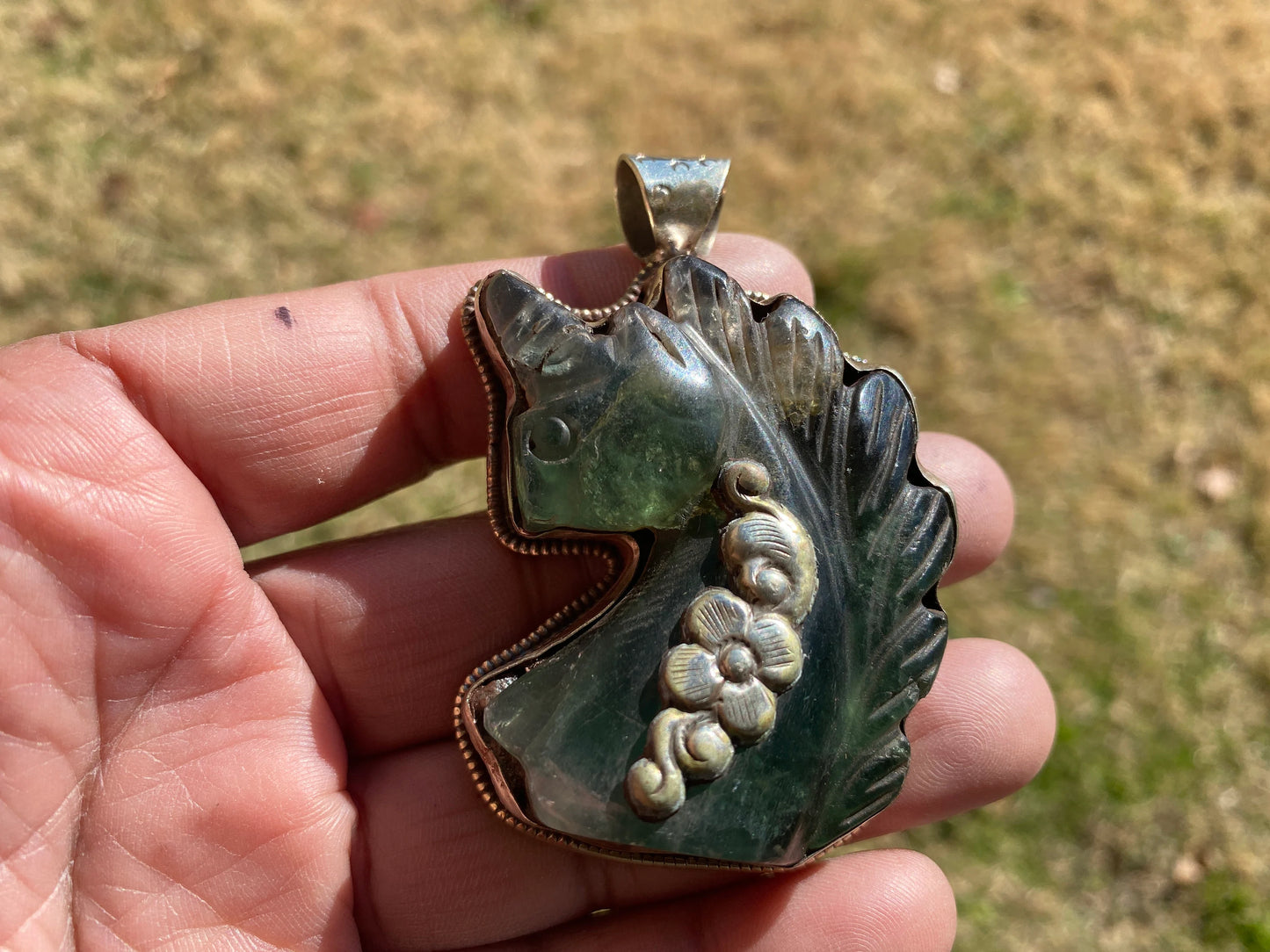 Large Carved Green Aventurine Horse Head Tibetan Silver Pendant, Horse Jewelry, Animal Lovers Jewelry, Metaphysical Stone Pendant, Unicorn