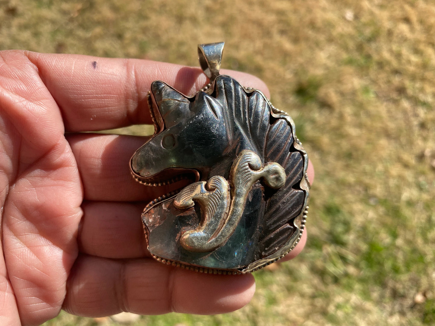 Large Carved Green Aventurine Horse Head Tibetan Silver Pendant, Horse Jewelry, Animal Lovers Jewelry, Metaphysical Stone Pendant, Unicorn