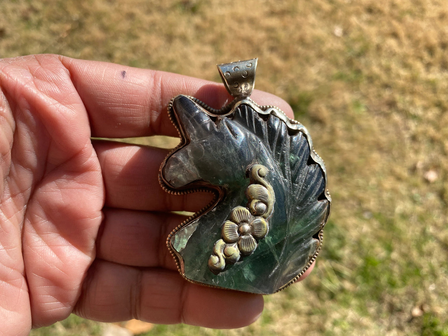 Large Carved Green Aventurine Horse Head Tibetan Silver Pendant, Horse Jewelry, Animal Lovers Jewelry, Metaphysical Stone Pendant, Unicorn