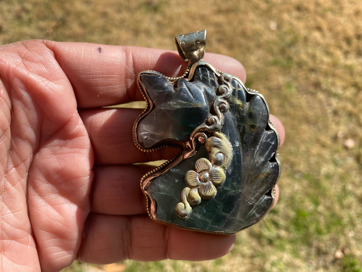Large Carved Green Aventurine Horse Head Tibetan Silver Pendant, Horse Jewelry, Animal Lovers Jewelry, Metaphysical Stone Pendant, Unicorn