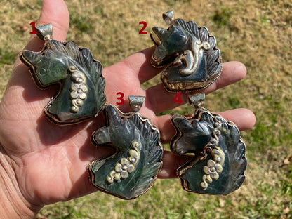 Large Carved Green Aventurine Horse Head Tibetan Silver Pendant, Horse Jewelry, Animal Lovers Jewelry, Metaphysical Stone Pendant, Unicorn