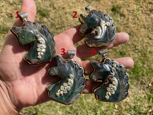 Large Carved Green Aventurine Horse Head Tibetan Silver Pendant, Horse Jewelry, Animal Lovers Jewelry, Metaphysical Stone Pendant, Unicorn